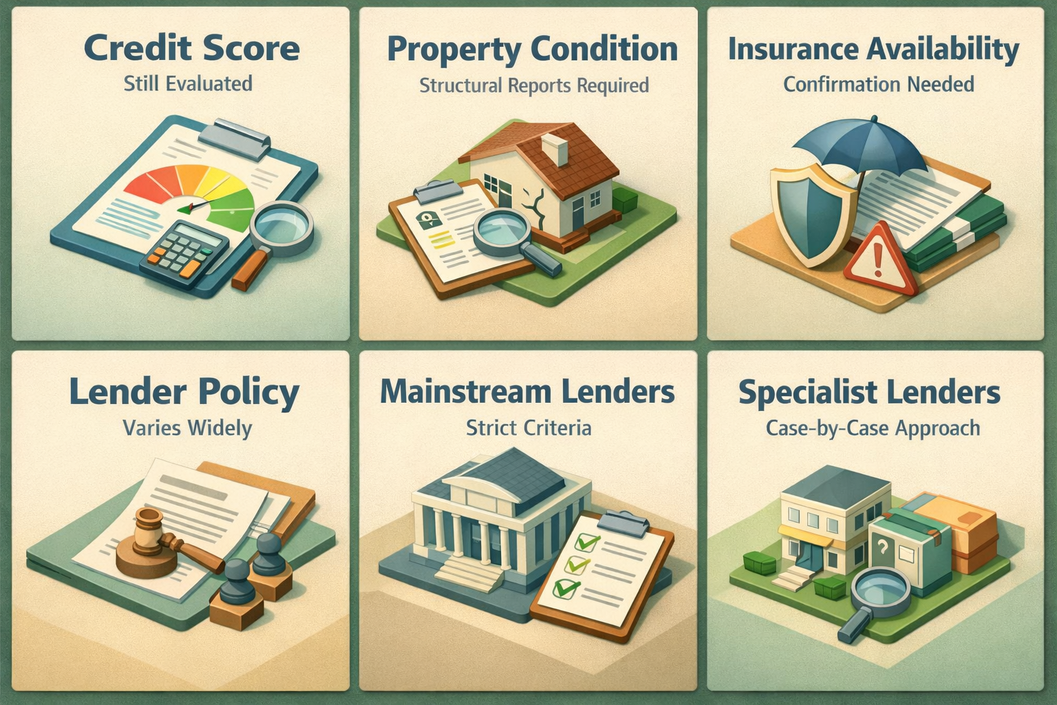 Infographic showing mortgage eligibility factors including credit score, property condition, insurance availability, and lender policies.