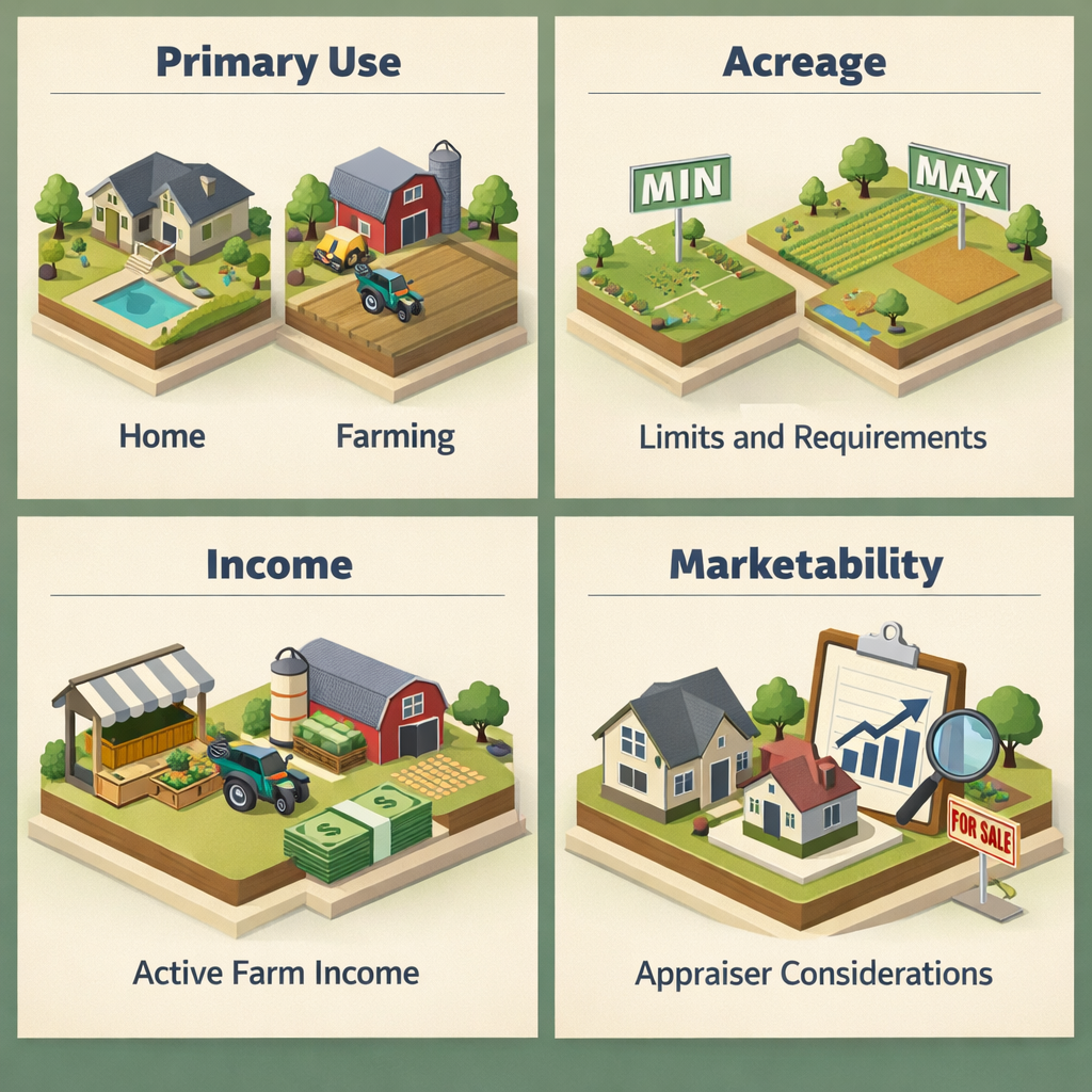Infographic showing factors affecting agricultural zoning mortgages: primary use, acreage limits, income from farming, and marketability considerations.