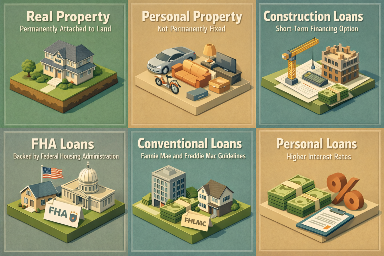 Infographic showing financing options for shipping container homes including Real Property, Personal Property, Construction Loans, FHA Loans, Conventional Loans, and Personal Loans.