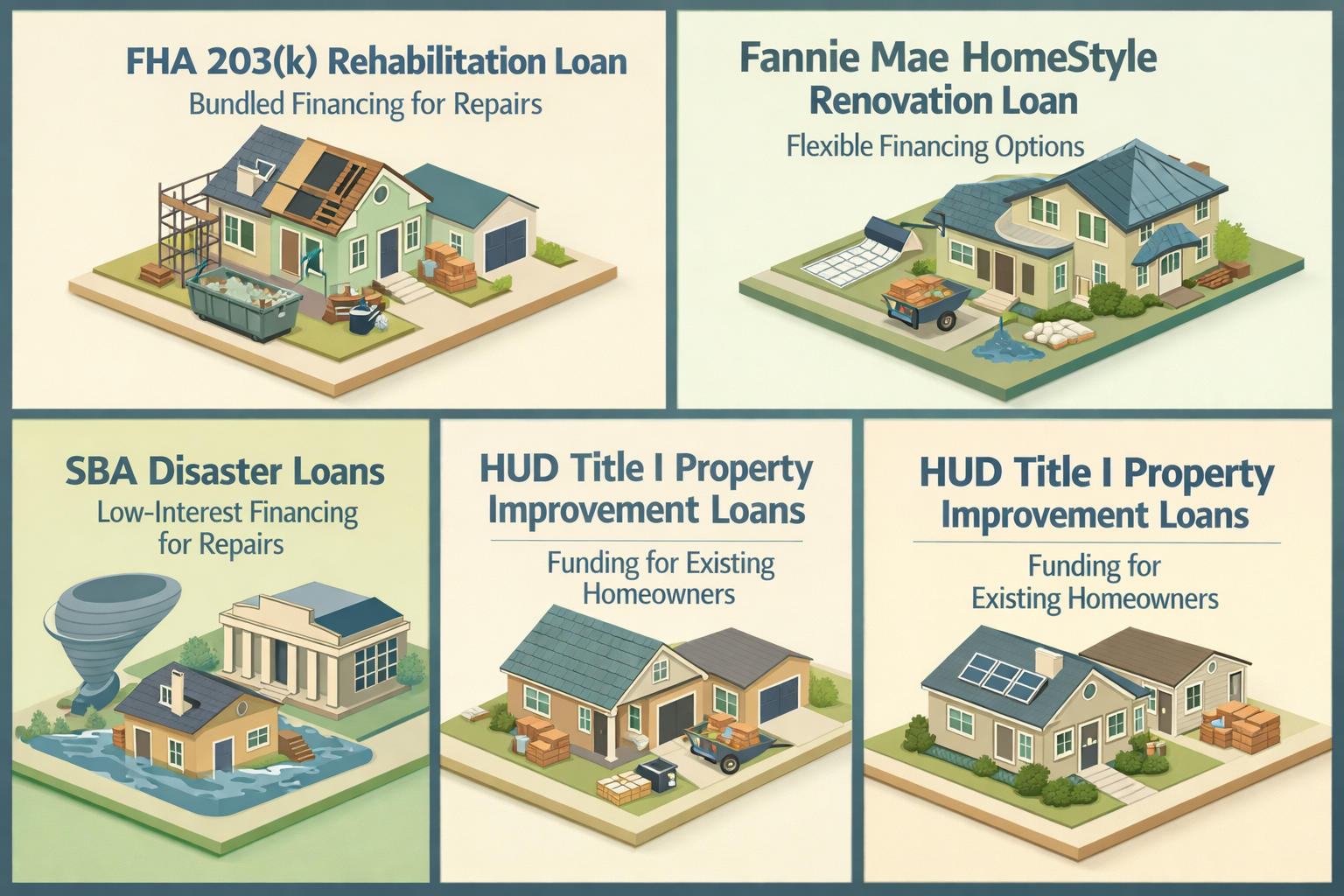 Infographic showing mortgage options for earthquake-damaged homes: FHA 203(k), HomeStyle, CHOICERenovation, SBA loans, and Title I loans.