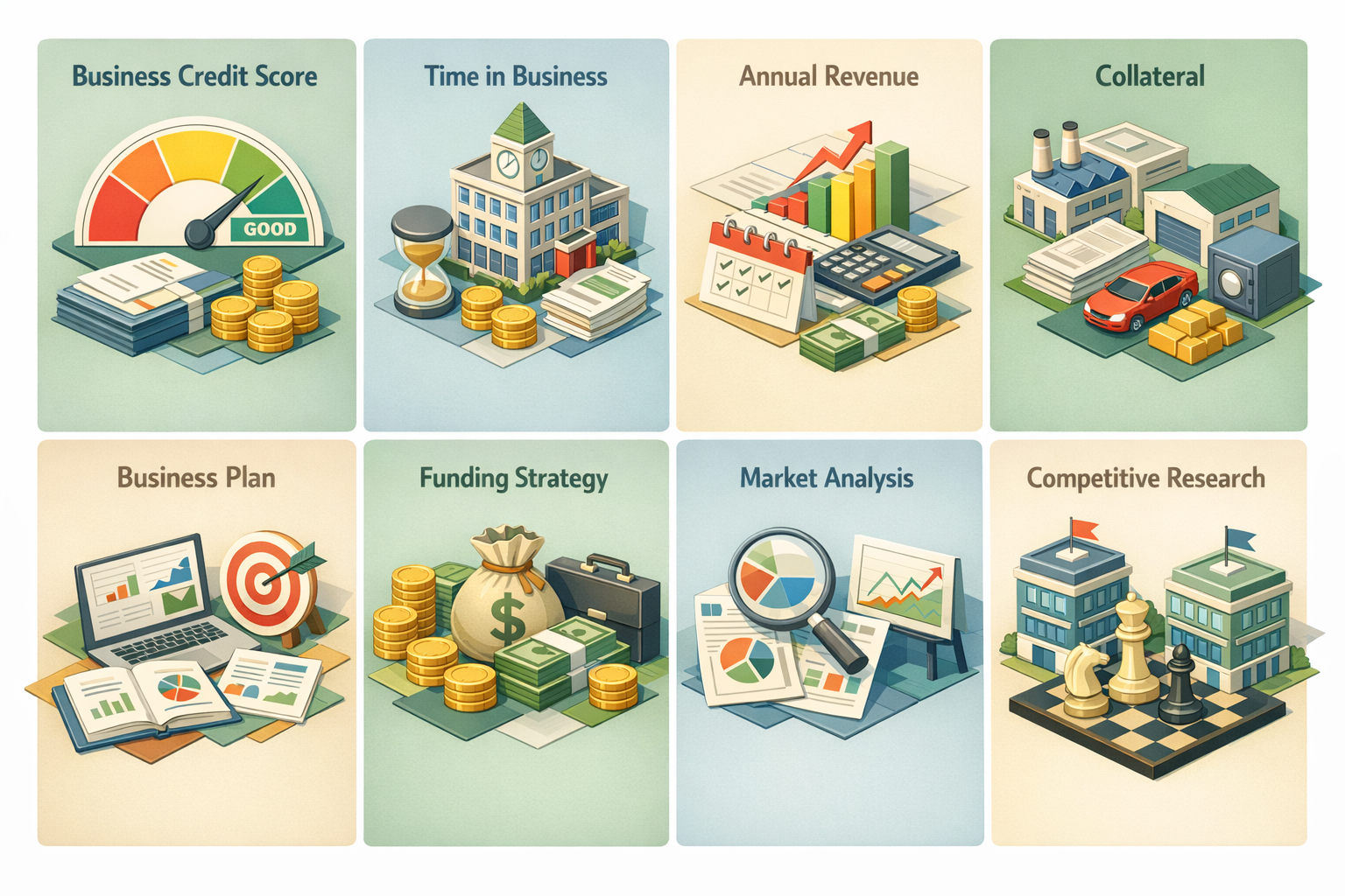 Infographic showing key eligibility factors for small business loans including credit score, time in business, revenue, collateral, and business plan.
