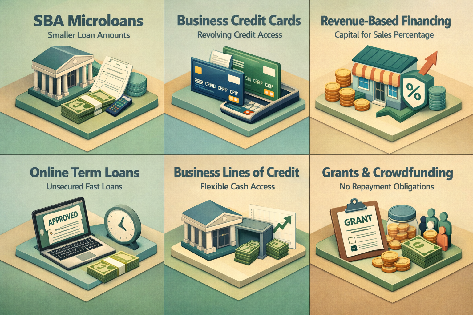 Infographic showing loan types without collateral: SBA Microloans, Business Credit Cards, Revenue-Based Financing, Online Term Loans, Business Lines of Credit, Grants and Crowdfunding.