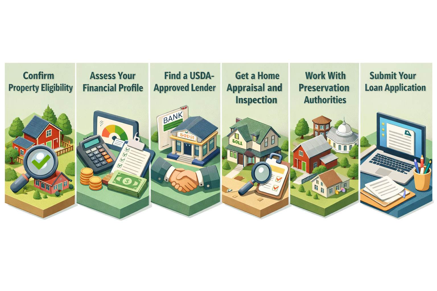 Step-by-step guide for securing a USDA loan for historic property preservation with six essential steps outlined.