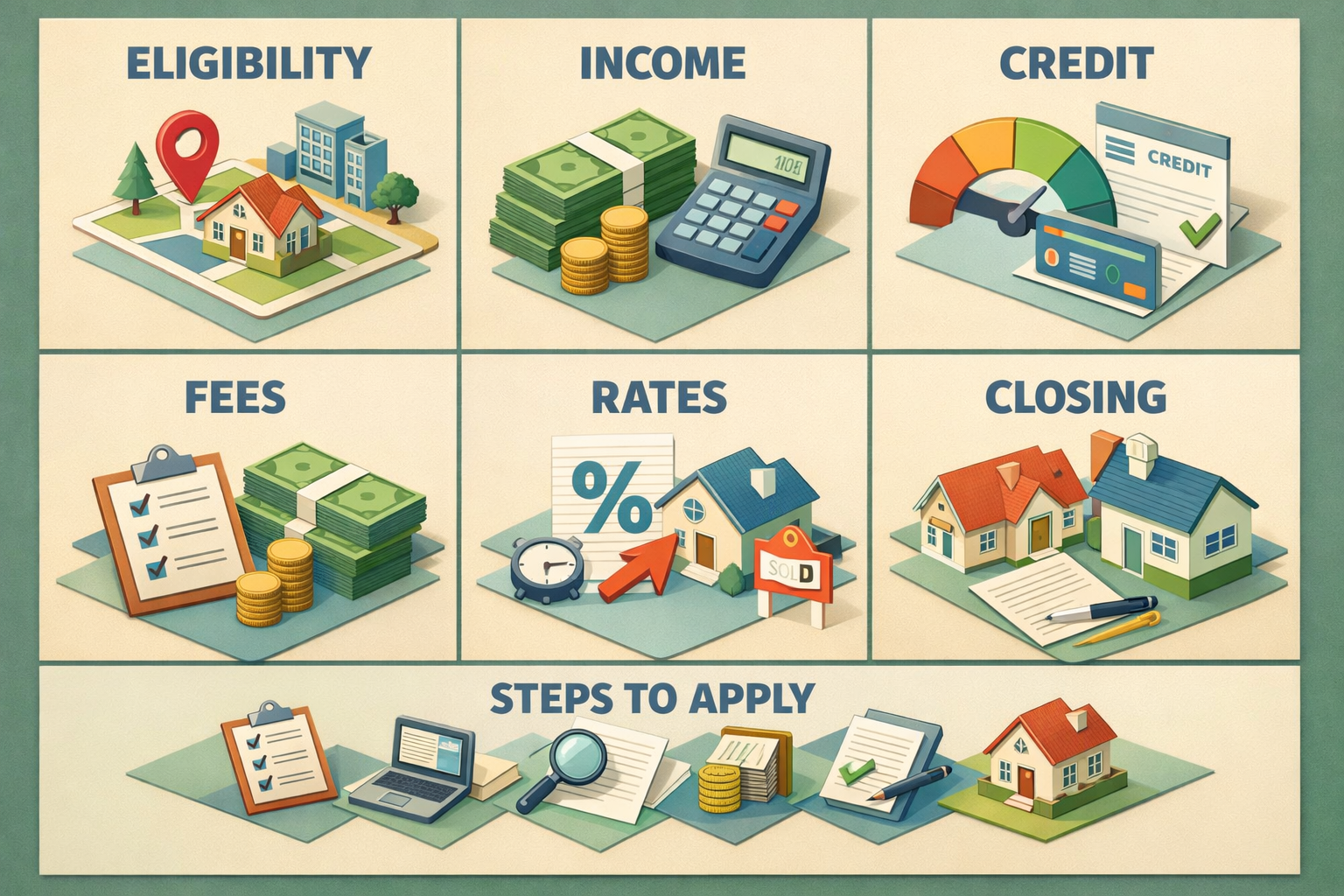 Infographic illustrating USDA loan eligibility, costs, and application process for existing home purchases.