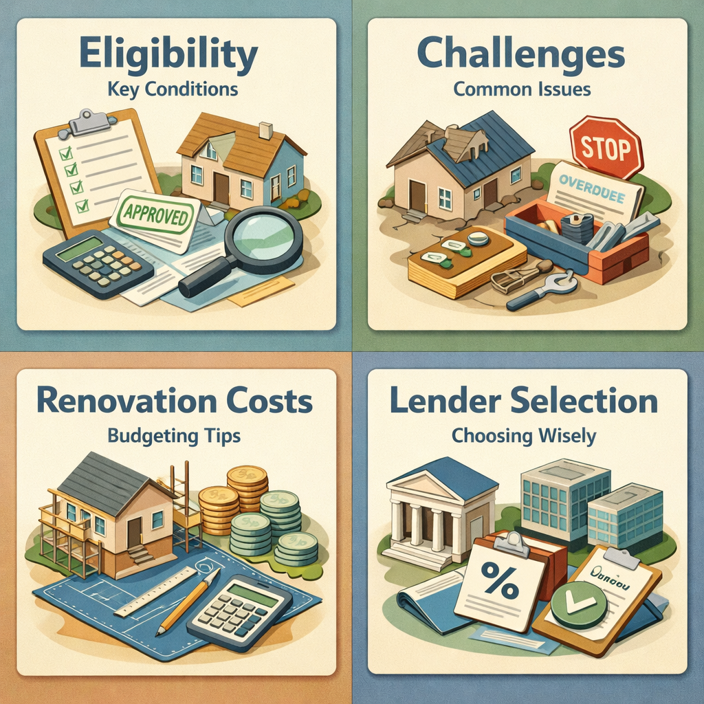 Infographic showing VA loan eligibility, common challenges, renovation budgeting tips, and lender selection advice for veterans.