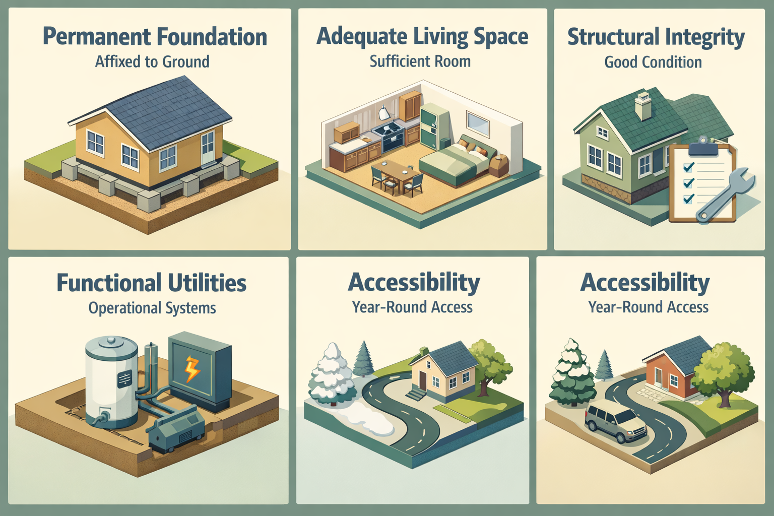 Infographic showing VA loan eligibility criteria for unique home structures, including foundation, living space, utilities, and accessibility.