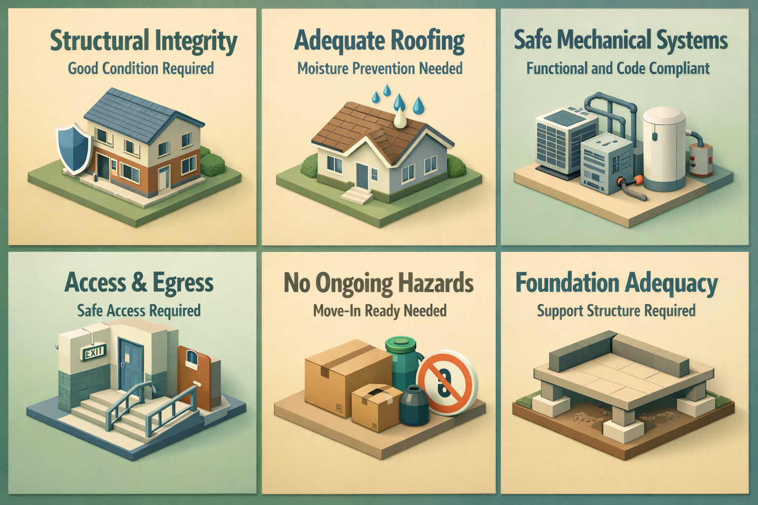 Infographic detailing VA loan property requirements including structural integrity, roofing, mechanical systems, access, hazards, and foundation adequacy.