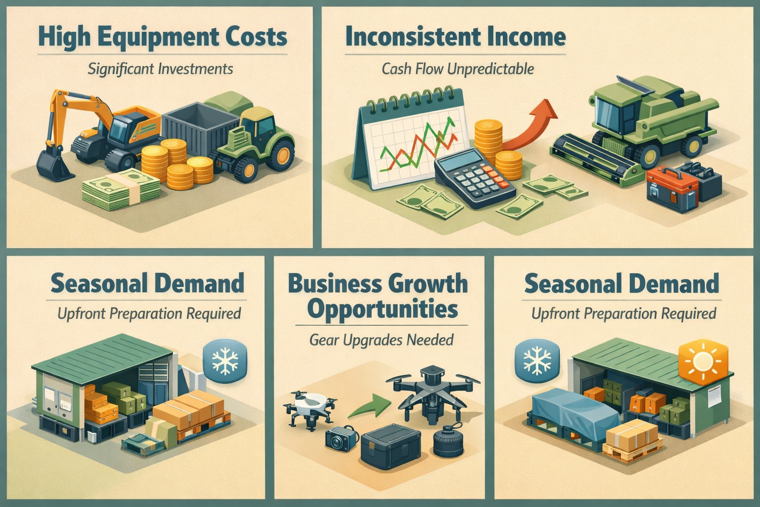Infographic showing reasons freelance photographers need business financing: high equipment costs, inconsistent income, growth opportunities, seasonal demand.