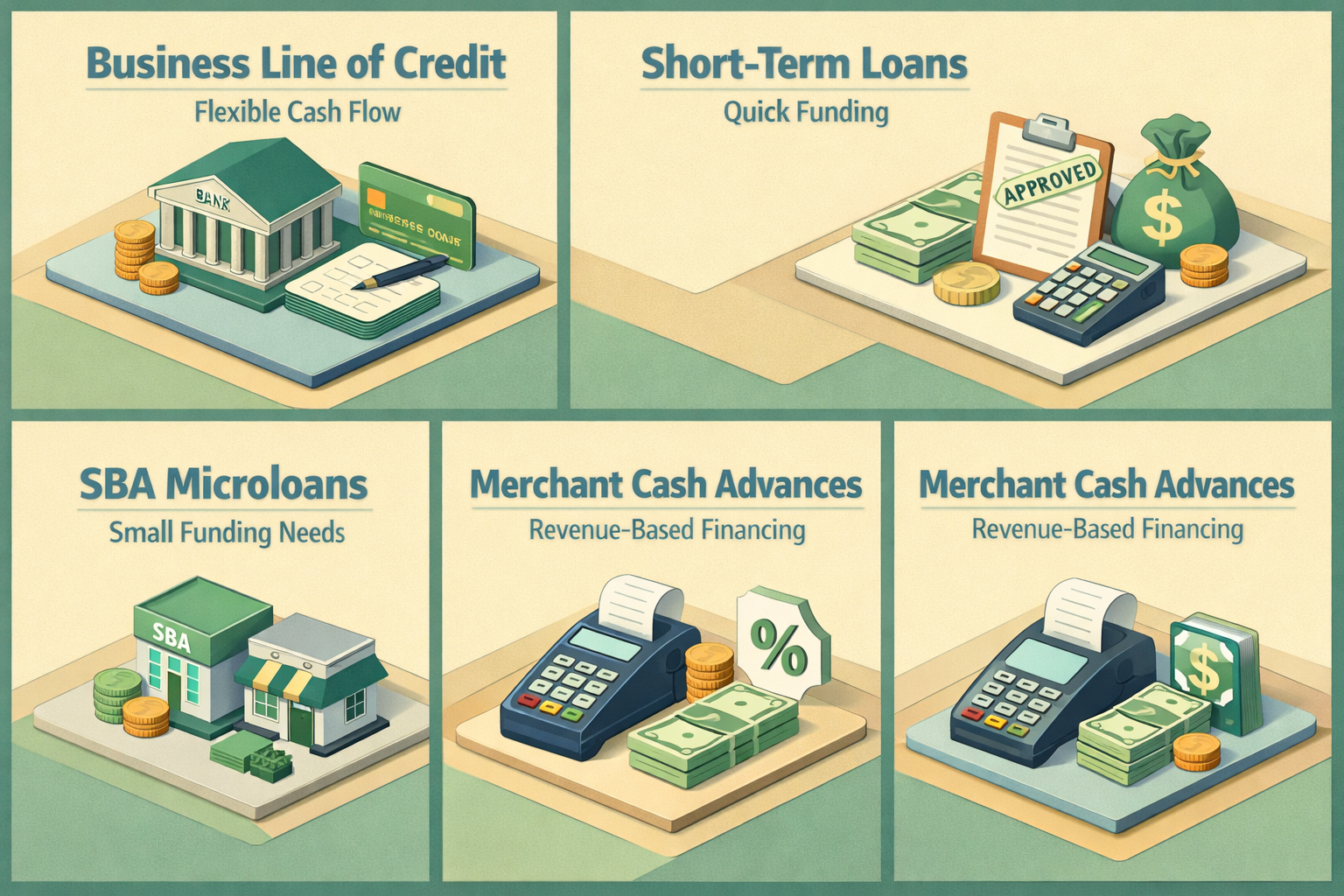 Infographic showing types of working capital loans for freelance web developers including business line of credit and invoice financing.