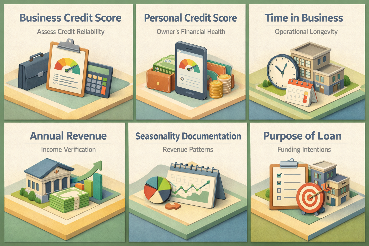 Infographic detailing factors lenders evaluate for boutique loan applications including credit scores and revenue patterns.