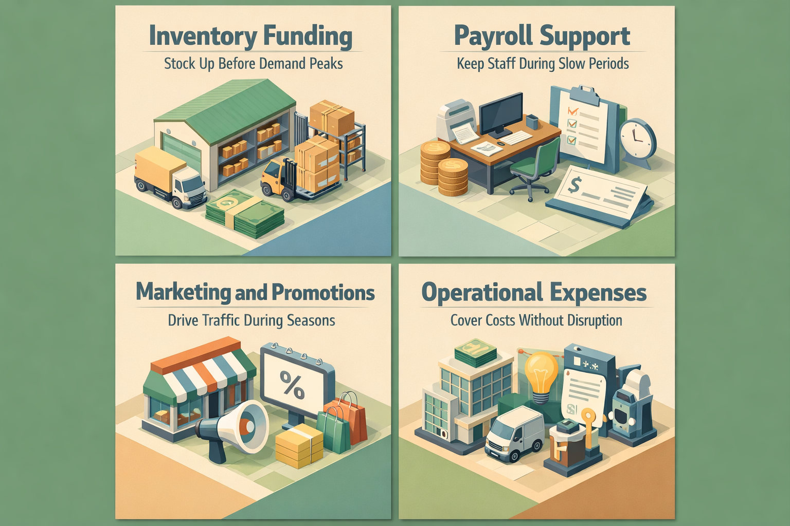 Infographic showing funding strategies for seasonal boutiques: inventory, payroll, marketing, and operational expenses.