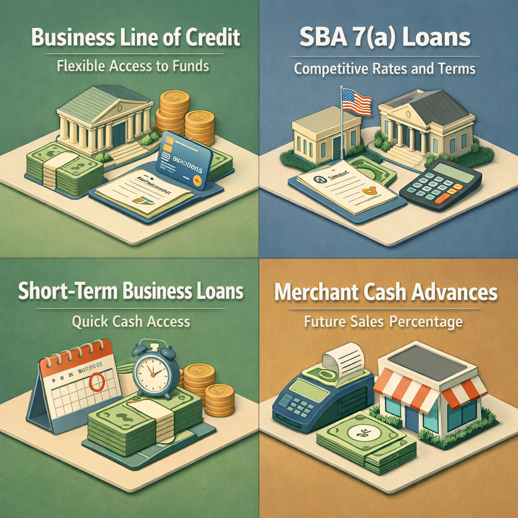 Infographic showing loan options for seasonal breweries: Business Line of Credit, SBA 7(a) Loans, Short-Term Business Loans, Merchant Cash Advances.