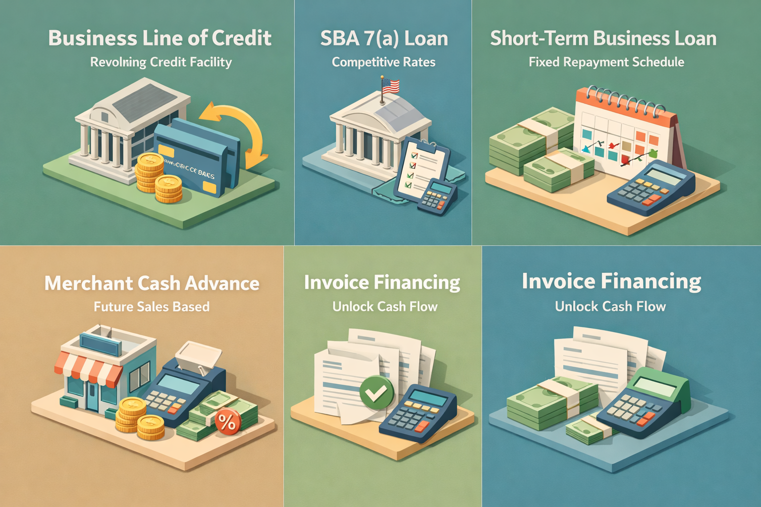 Infographic showing loan options for seasonal craft breweries: Business Line of Credit, SBA 7(a) Loan, Short-Term Business Loan, Merchant Cash Advance, Invoice Financing.