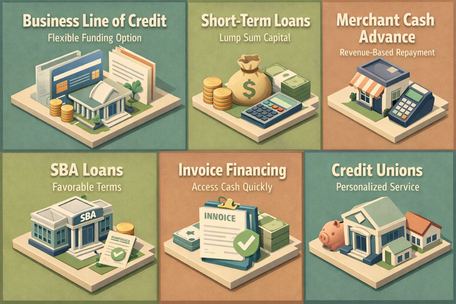 Infographic comparing financing options for seasonal retailers including Business Line of Credit, Short-Term Loans, and more.