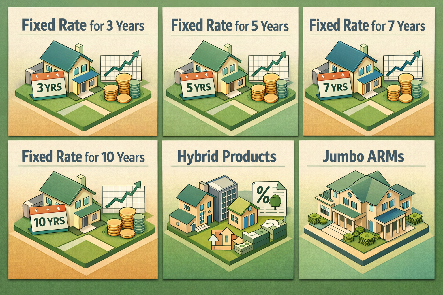 Infographic showing different ARM mortgage types including 3/1, 5/1, 7/1, 10/1, hybrid products, and jumbo ARMs.