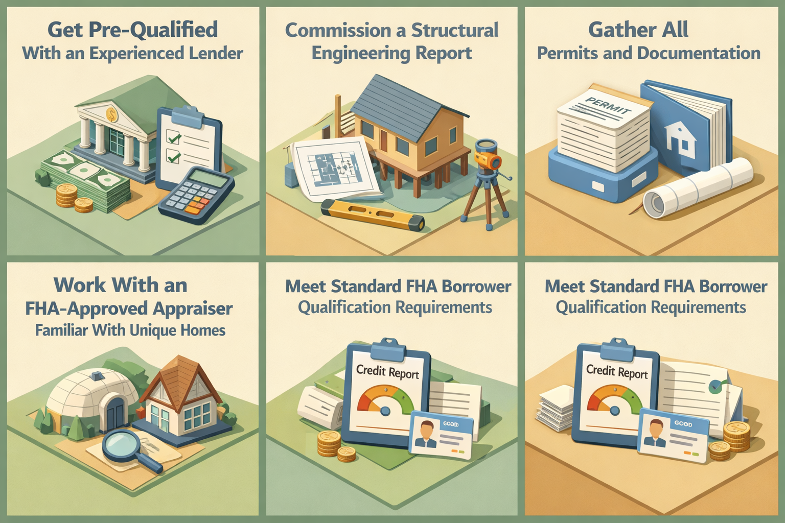 Step-by-step guide for obtaining an FHA loan for a geodesic dome home including pre-qualification and documentation steps.