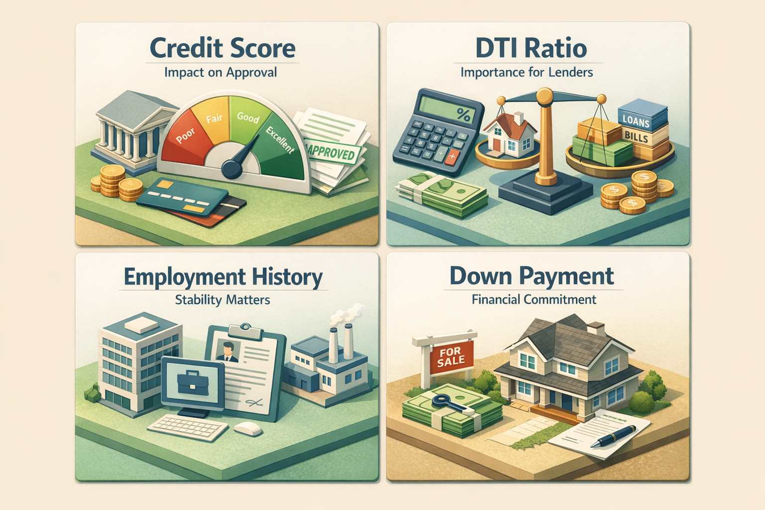 Infographic showing key factors for mortgage approval: credit score, DTI ratio, employment history, and down payment.