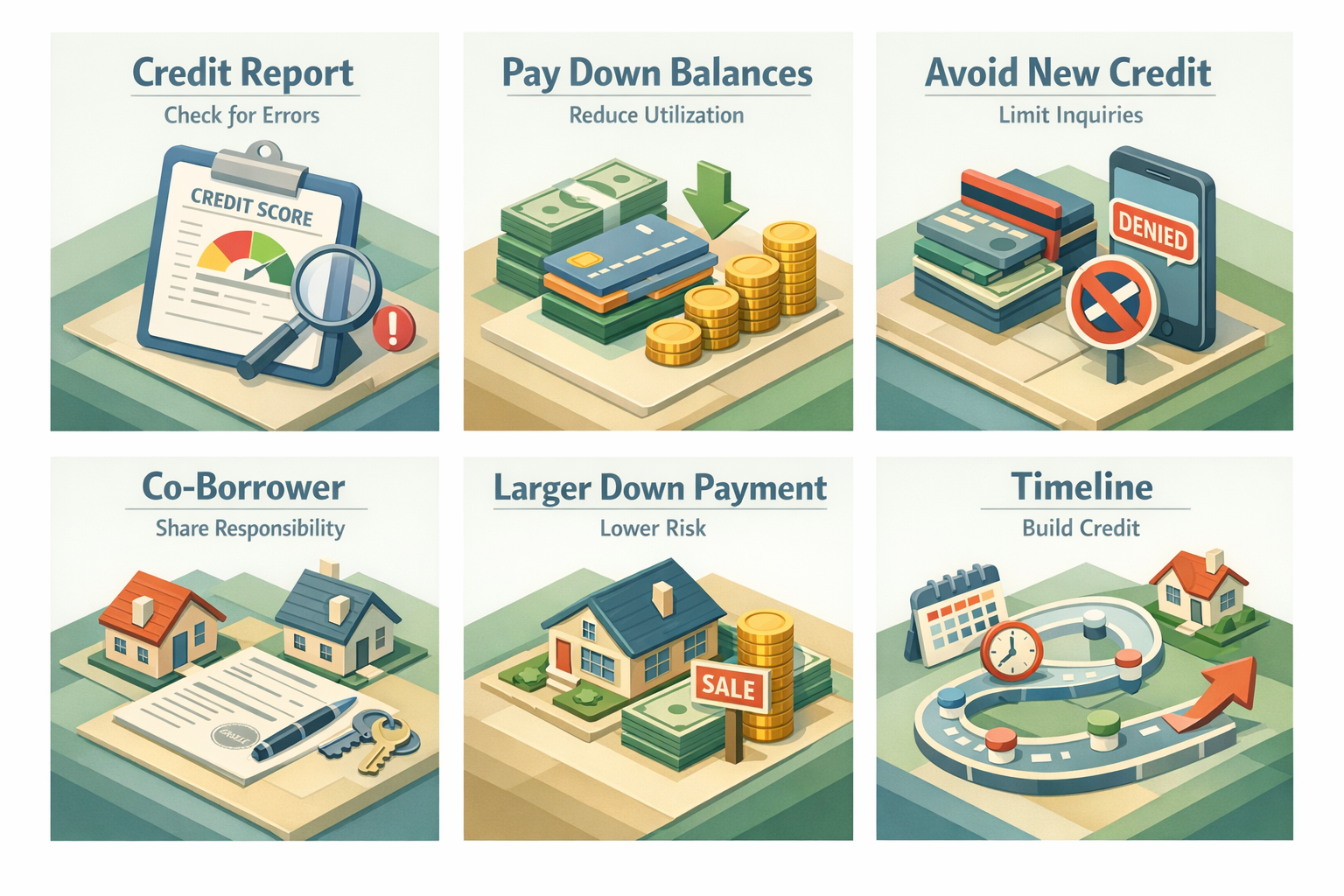 Steps to improve mortgage approval chances with low credit score including checking reports, paying down balances, and saving for down payment.