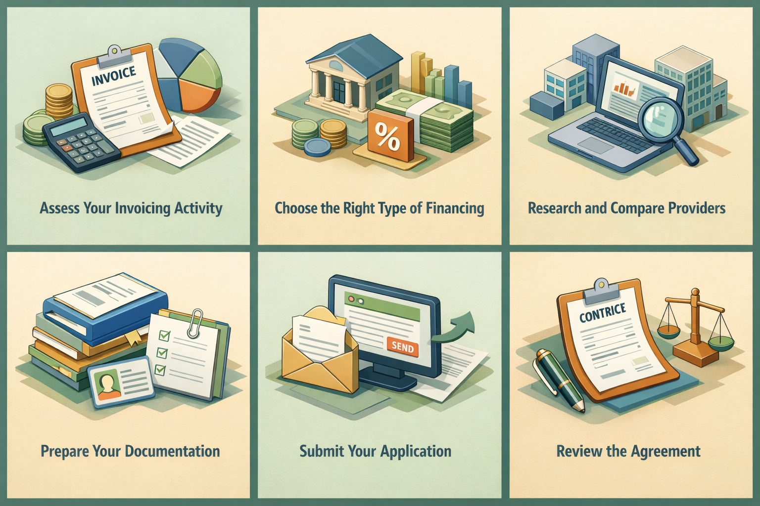 Step-by-step guide on how to get invoice financing for a growing business, covering assessment, type selection, provider research, documentation, application, and agreement review.