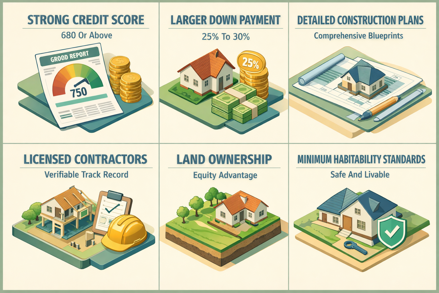 Infographic showing off-grid construction loan requirements including credit score, down payment, construction plans, and contractor details.