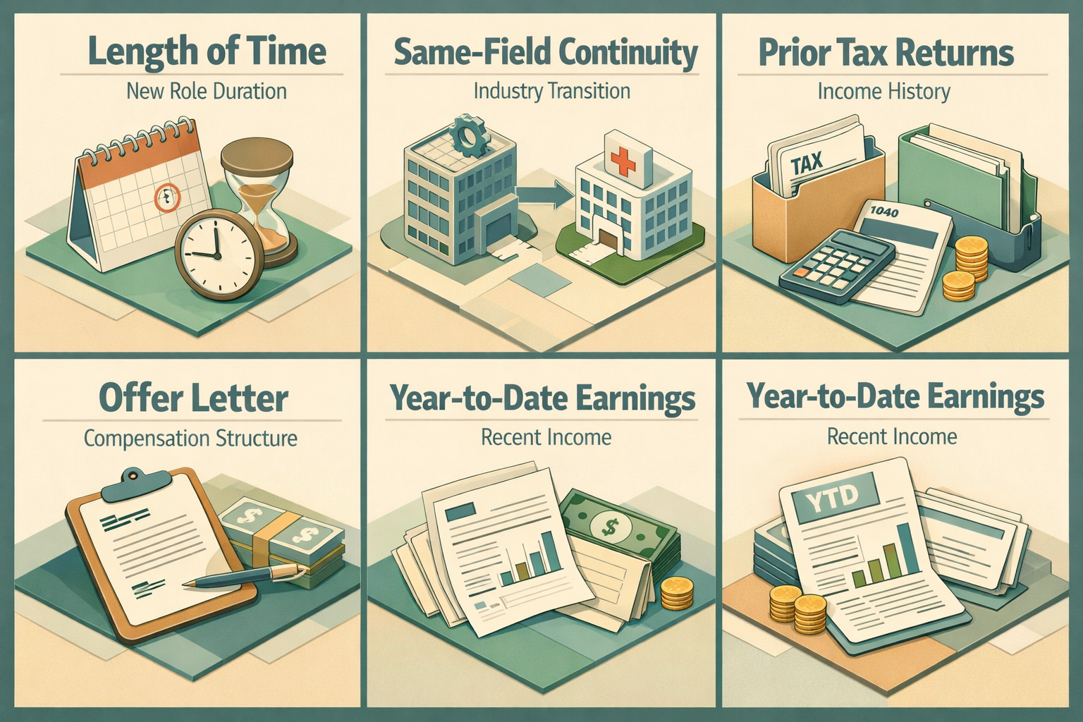 Infographic detailing factors for qualifying for a conventional loan with 1099 commission income and a new job, including income history and job continuity.