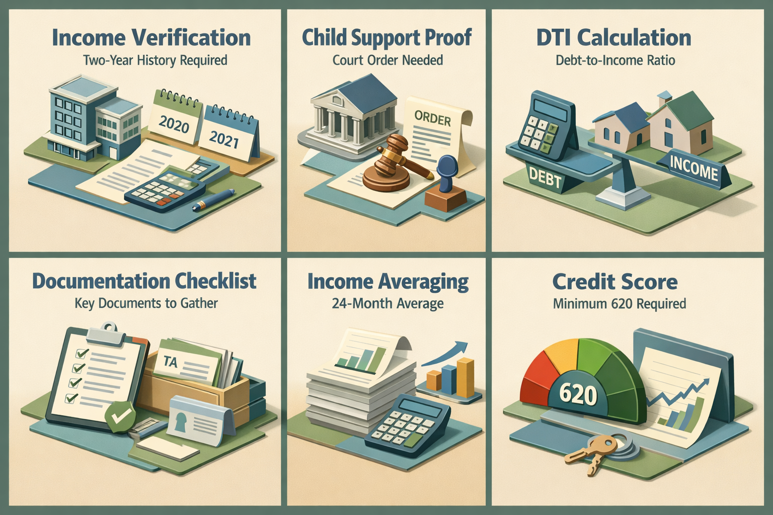 Infographic showing income verification, child support proof, DTI calculation, documentation checklist, income averaging, and credit score requirements.