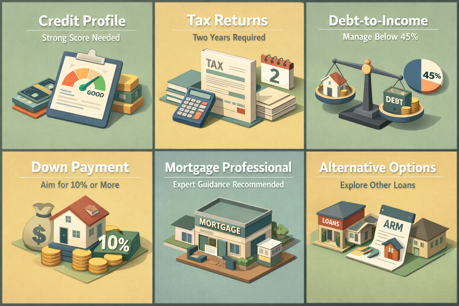 Infographic showing strategies to qualify for a conventional loan with 1099 commission income and recent job change, including credit profile and tax returns.
