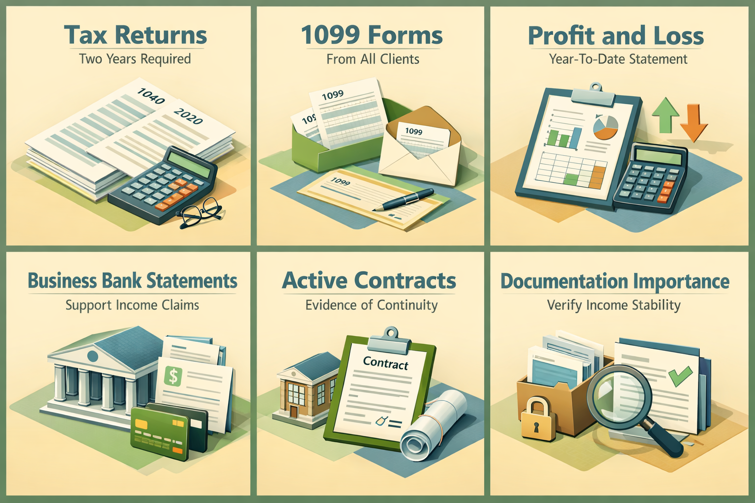 Infographic showing documentation requirements for 1099 commission income borrowers including tax returns and profit statements.