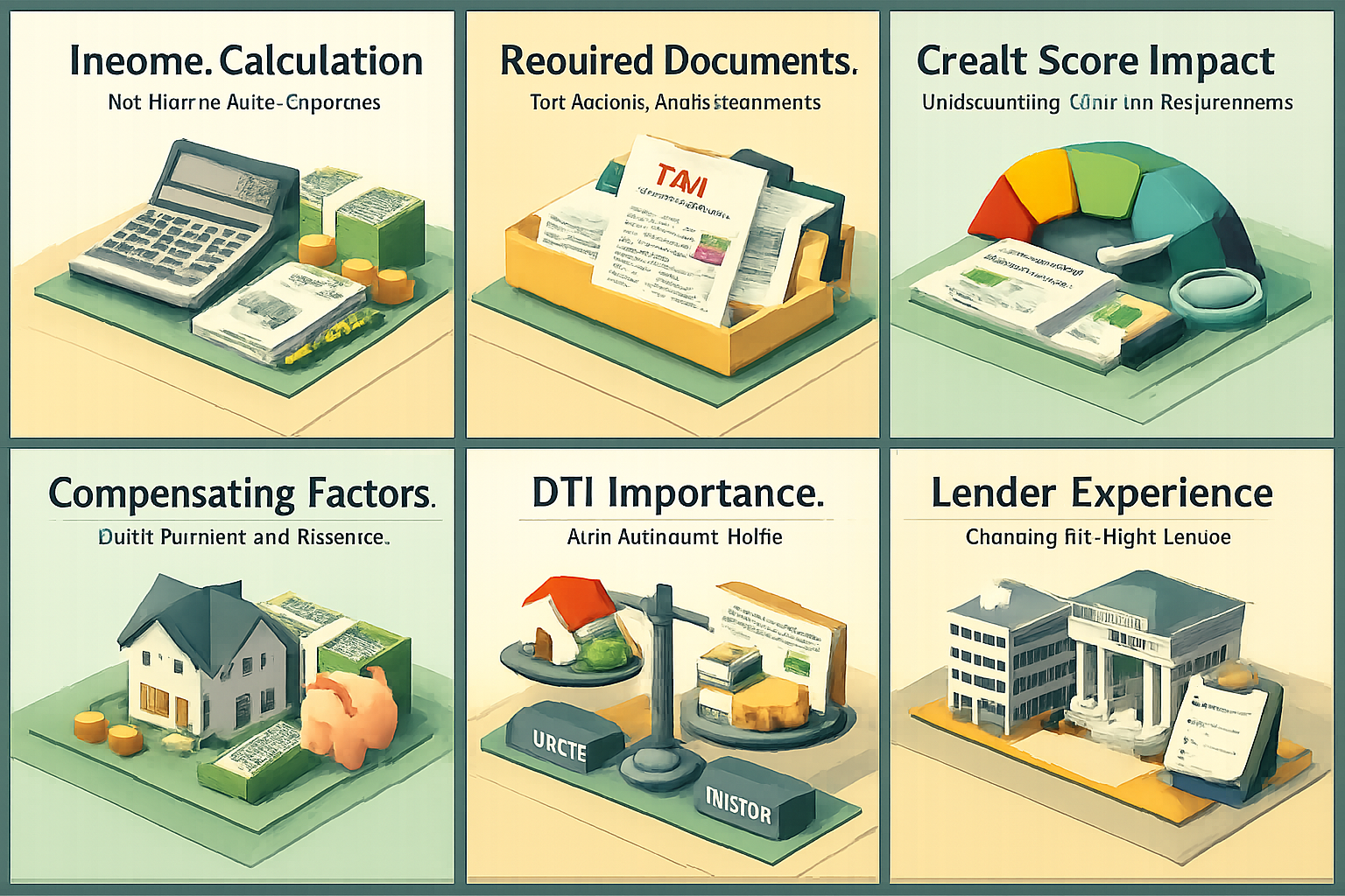 Infographic on calculating 1099 income for mortgage qualification, required documents, credit score impact, and lender selection.