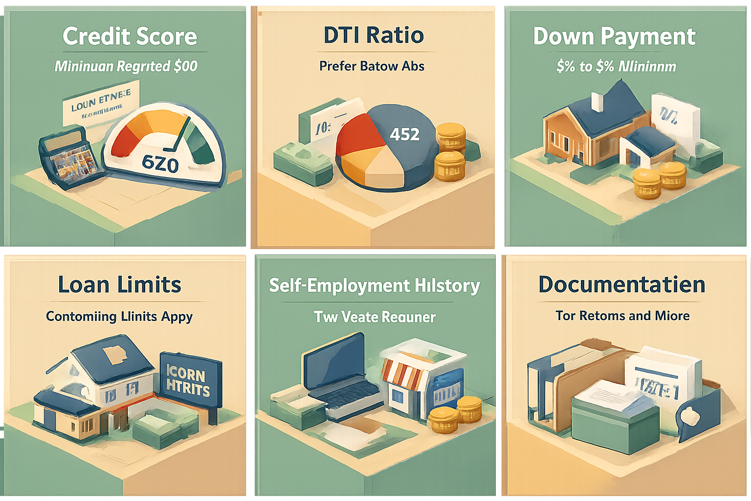 Infographic showing key conventional loan requirements for self-employed borrowers including credit score, DTI ratio, down payment, and documentation.
