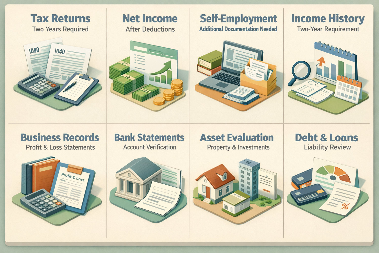 Infographic detailing key factors for qualifying for a conventional loan with 1099 overtime income, including tax returns and income history.
