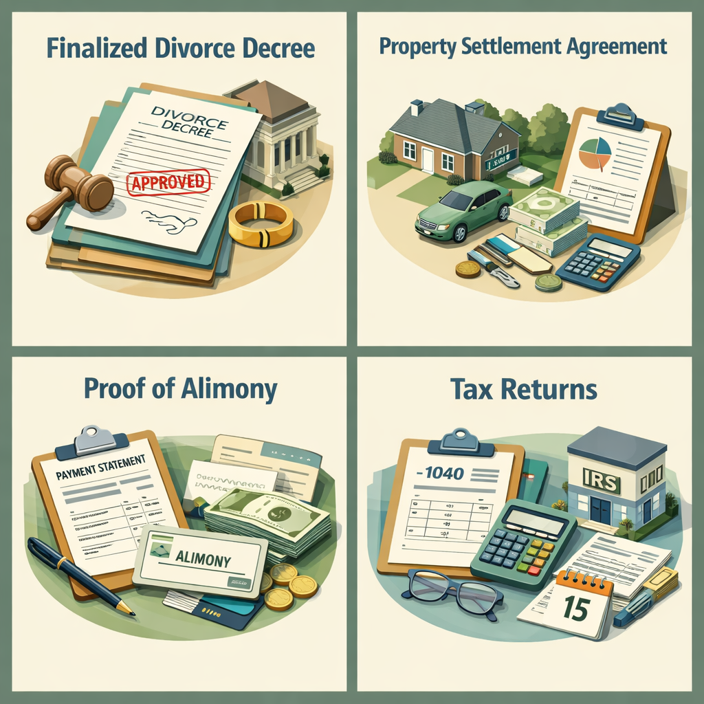 Infographic showing key documentation for qualifying for a conventional loan after divorce, including divorce decree and tax returns.
