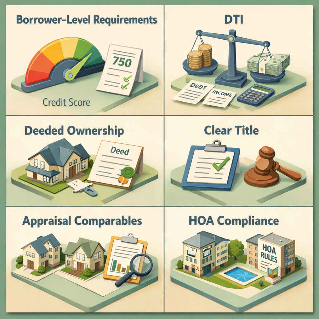 Infographic detailing borrower-level and property-level requirements for qualifying for a conventional loan with fractional ownership.