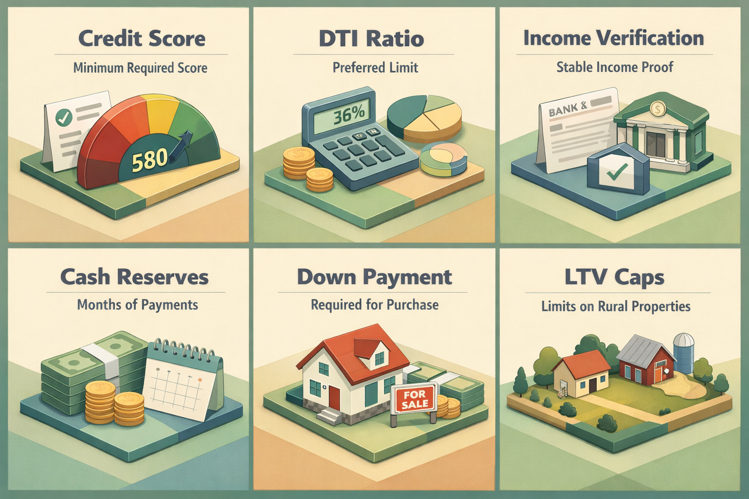 Key financial benchmarks for qualifying for a conventional loan including credit score, DTI ratio, income verification, cash reserves, down payment, and LTV caps.