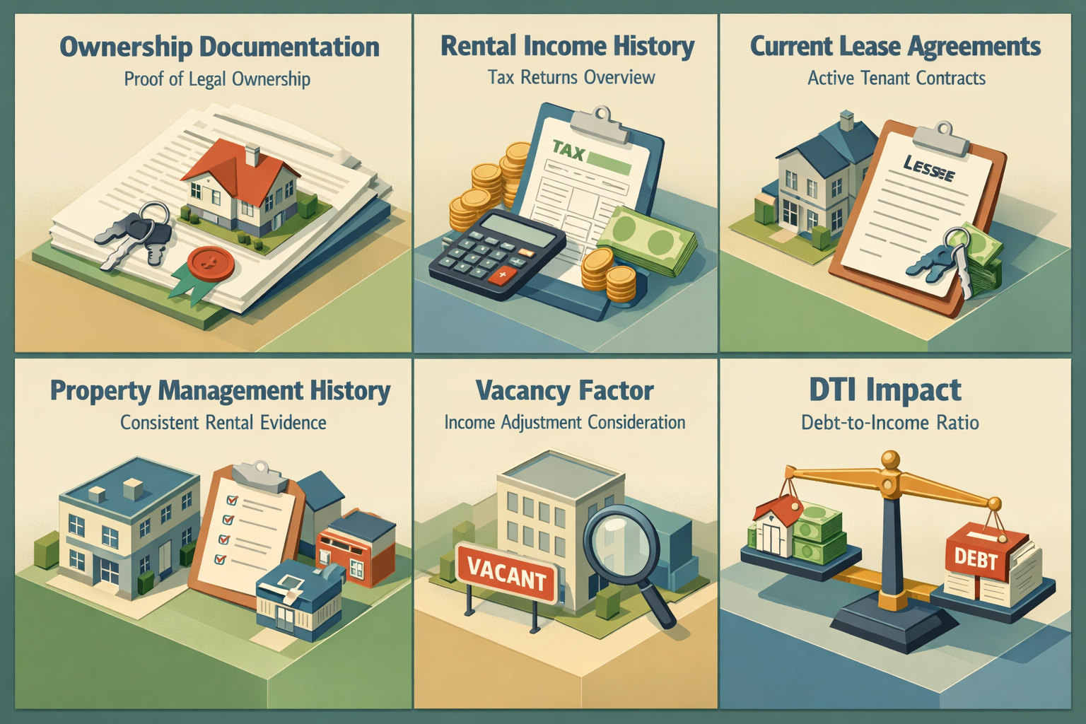 Infographic detailing documentation needed for qualifying for a conventional loan with inherited rental properties, including ownership proof and income history.