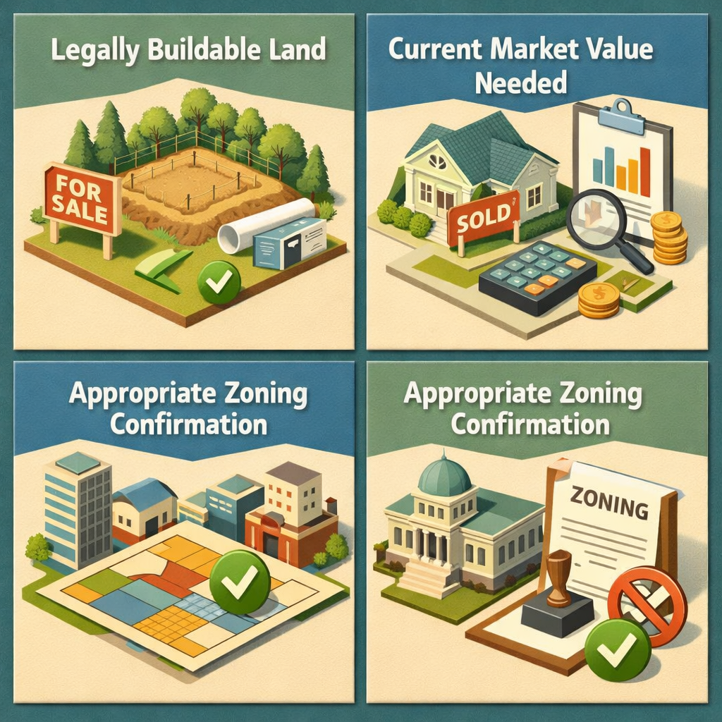 Infographic detailing conventional loan requirements for inherited land including title clarity, property eligibility, appraisal standards, and zoning.