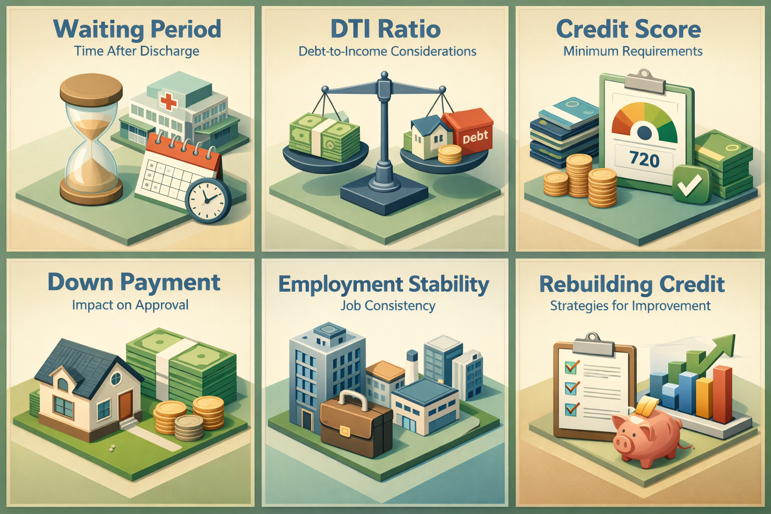 Infographic showing waiting periods, DTI ratio, credit score benchmarks, down payment impact, employment stability, and credit rebuilding strategies.