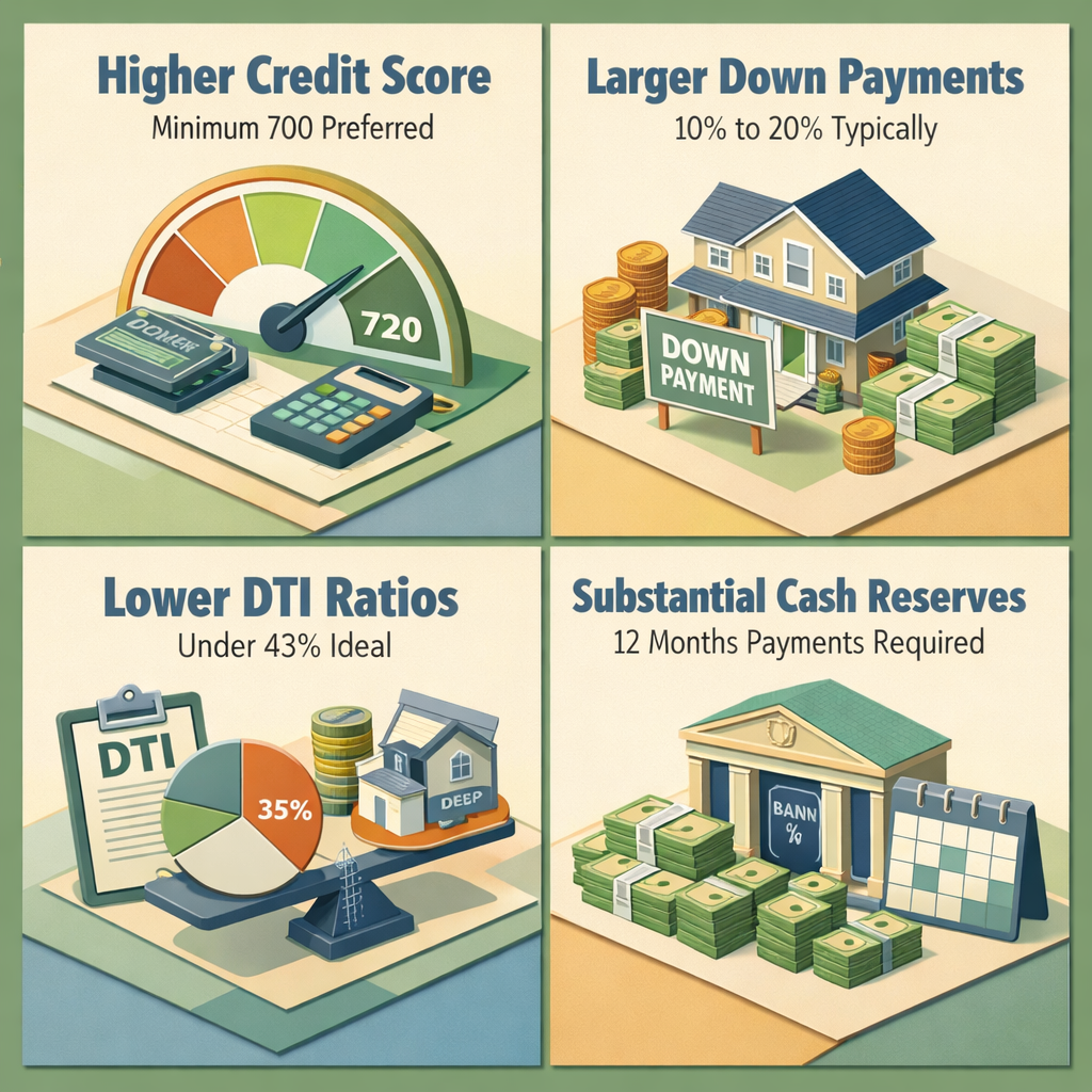 Infographic showing jumbo loan requirements: credit score, down payments, DTI ratios, and cash reserves.