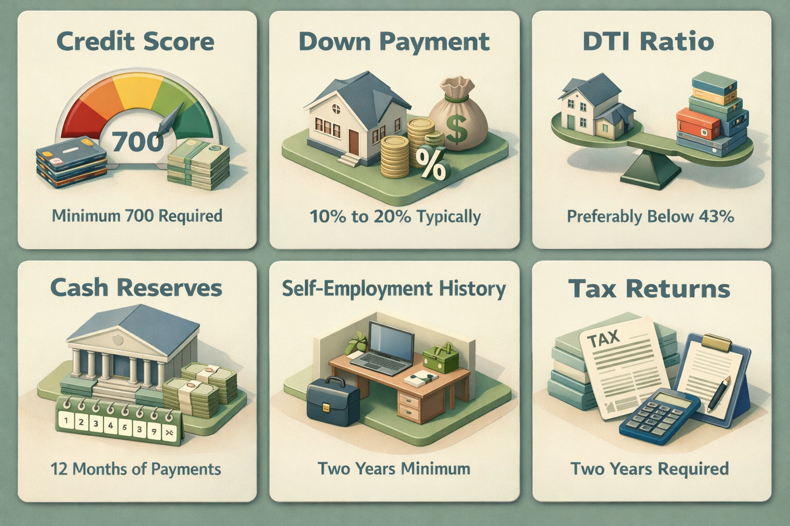 Infographic showing jumbo loan qualification requirements including credit score, down payment, DTI ratio, cash reserves, self-employment history, and tax returns.