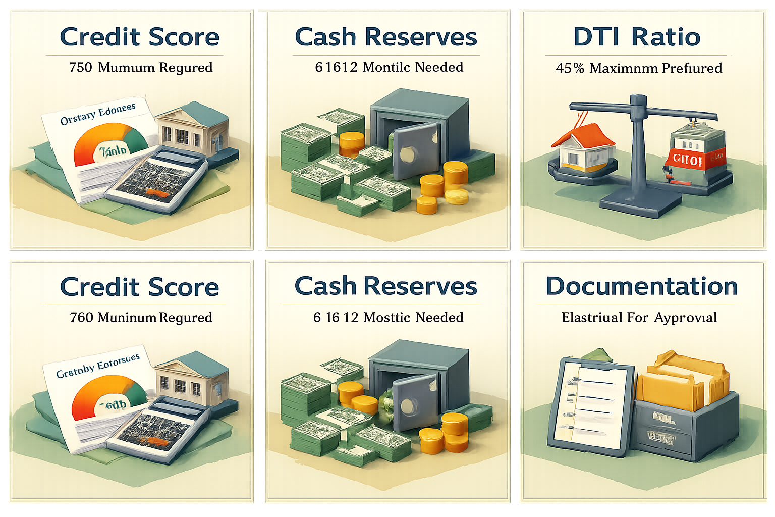 Infographic showing key factors for qualifying for a jumbo loan including credit score, cash reserves, DTI ratio, and documentation needed.