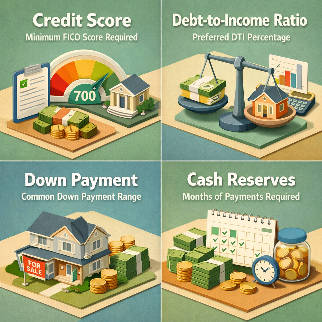 Infographic detailing key requirements for qualifying for a jumbo loan including credit score, DTI ratio, down payment, and cash reserves.