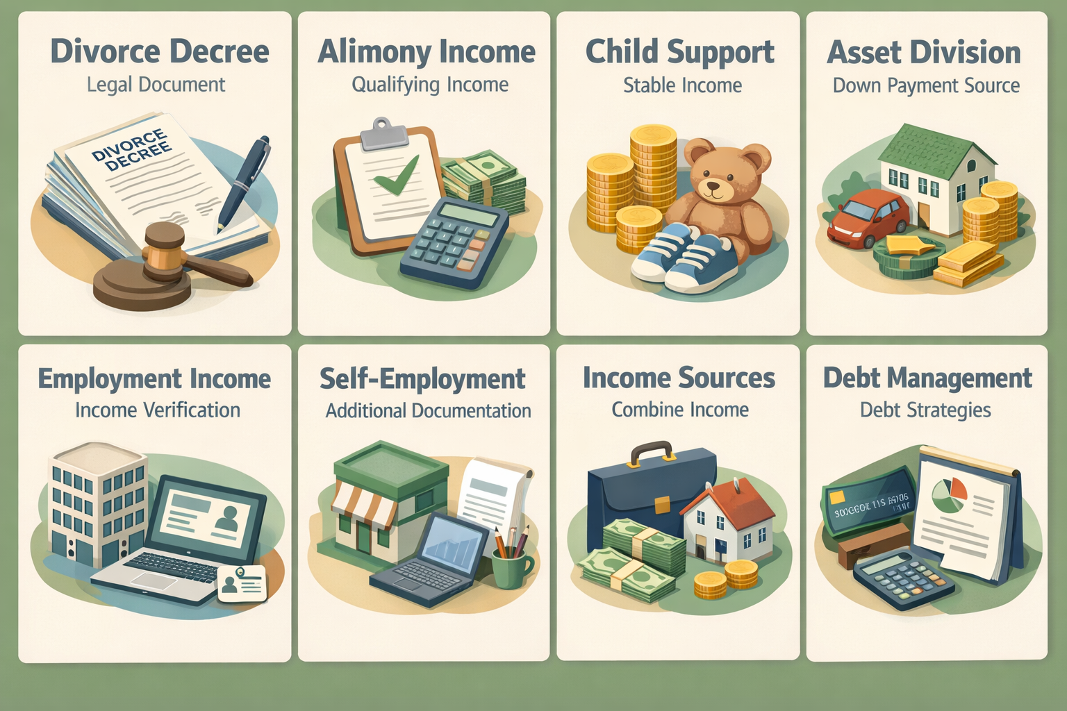 Infographic detailing the documentation checklist for jumbo loan applications after divorce, including key documents and income sources.