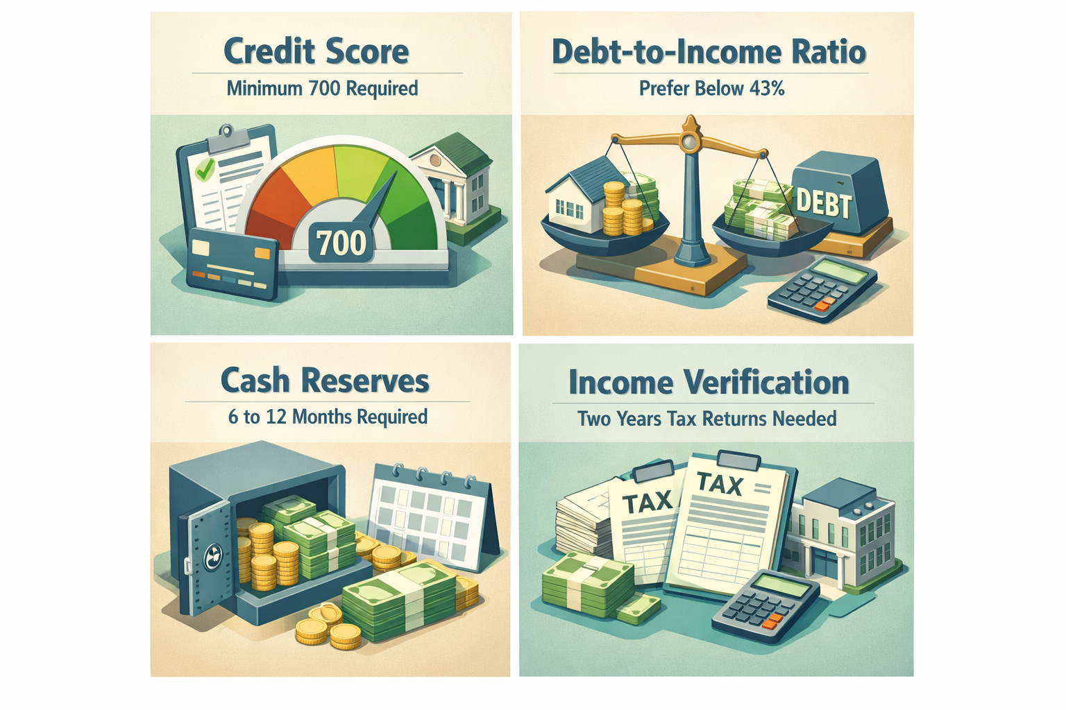 Infographic detailing jumbo loan qualification criteria including credit score, debt-to-income ratio, cash reserves, and income verification.