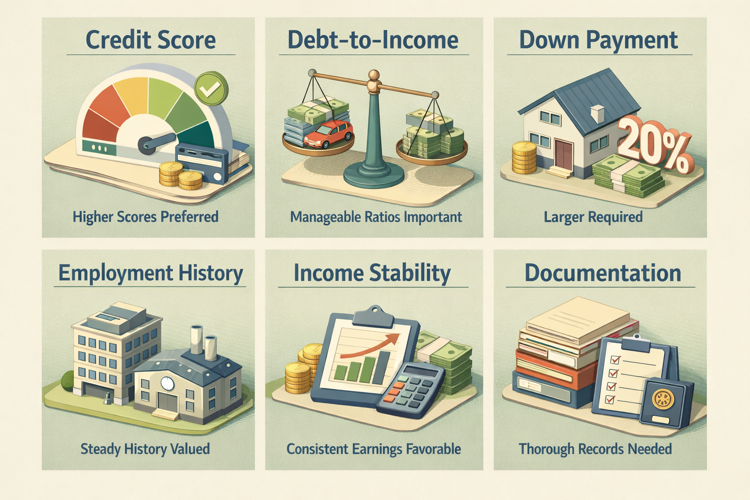 Infographic showing key qualification factors for jumbo loans including credit score, debt-to-income, down payment, employment history, income stability, and documentation.