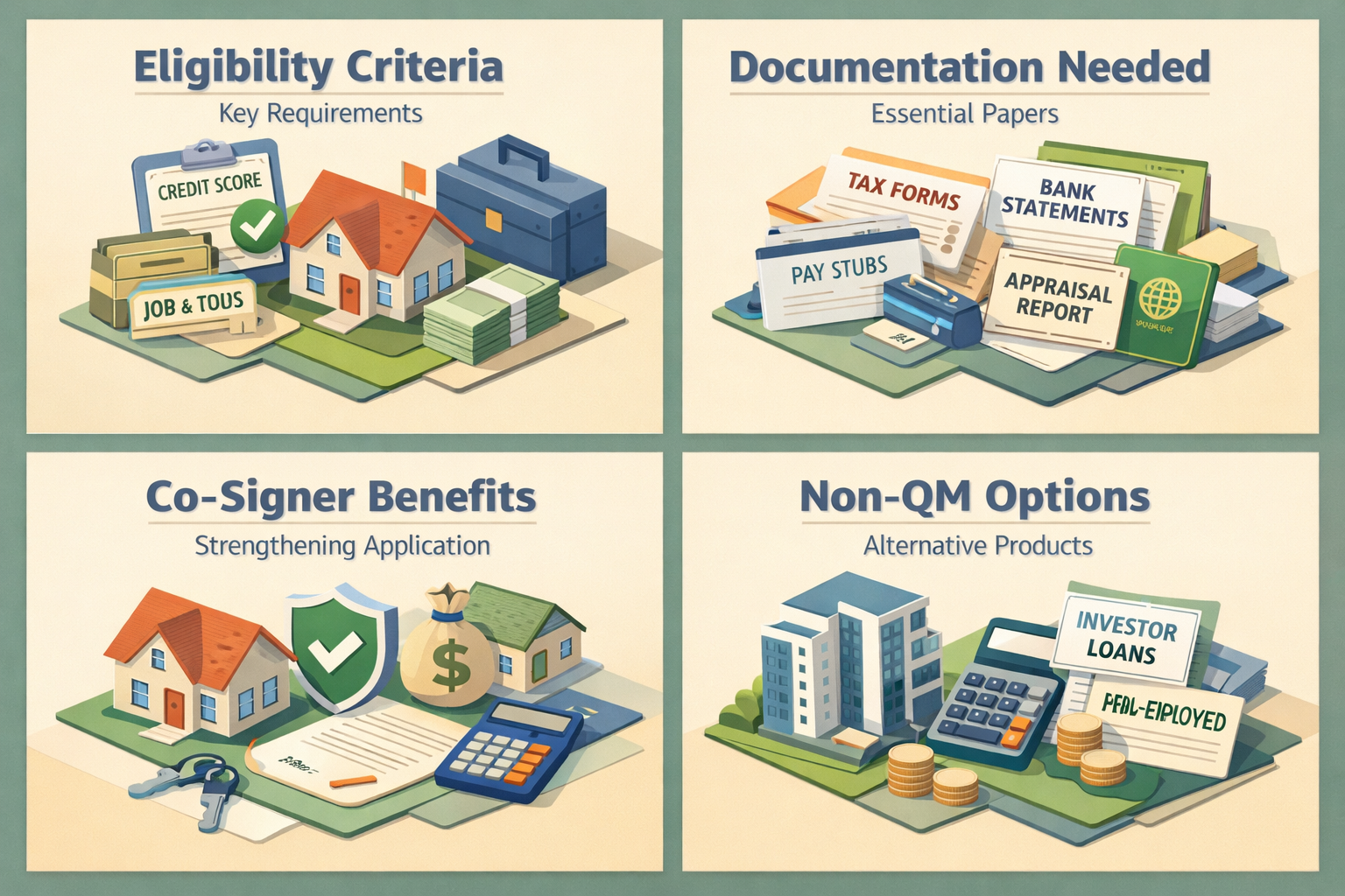 Infographic detailing eligibility criteria, documentation needed, co-signer benefits, and non-QM options for jumbo loans.