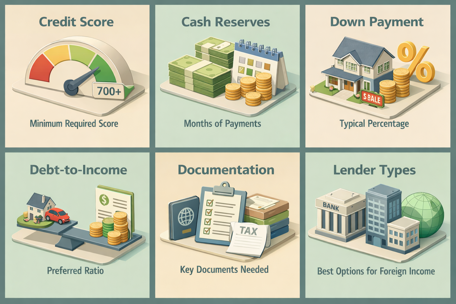 Infographic detailing credit score, cash reserves, down payment, debt-to-income ratio, documentation, and lender types for jumbo loans.