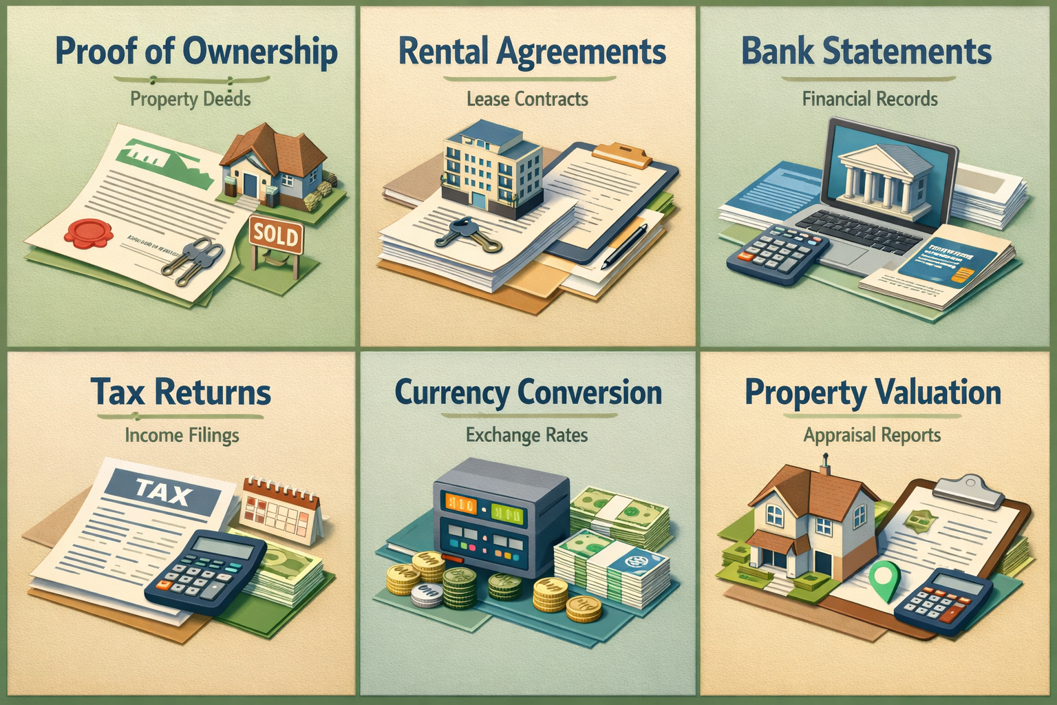 Infographic showing documentation challenges for jumbo loans with foreign rental income including proof of ownership and bank statements.