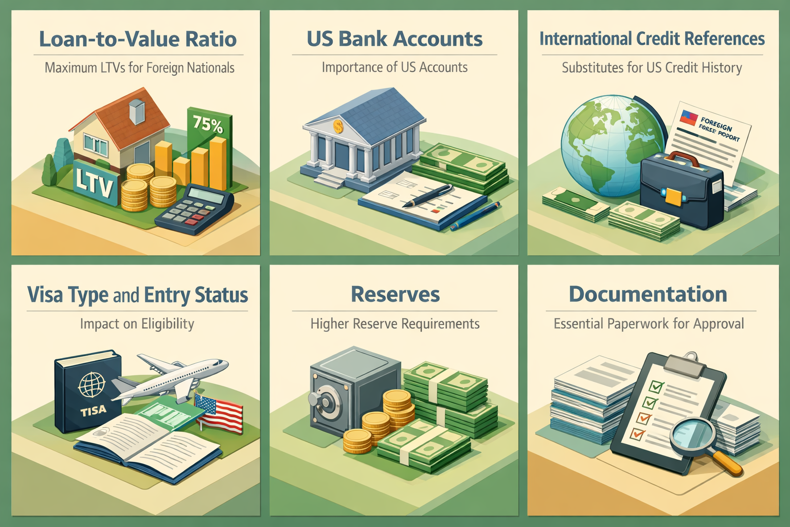 Infographic detailing factors for foreign nationals qualifying for jumbo loans, including LTV, bank accounts, credit references, and reserves.