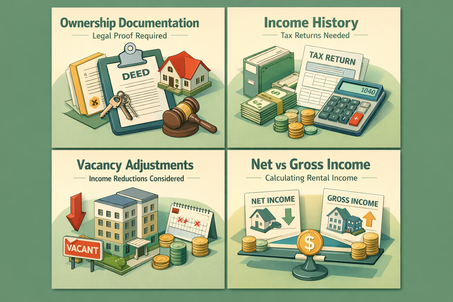 Infographic showing key factors for qualifying for a jumbo loan with inherited rental property income, including documentation and income adjustments.