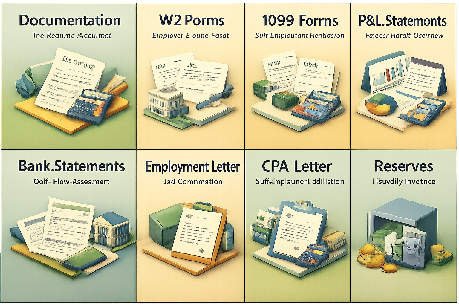 Infographic showing key documentation needed for jumbo loans including tax returns, W2 forms, 1099 forms, and more.